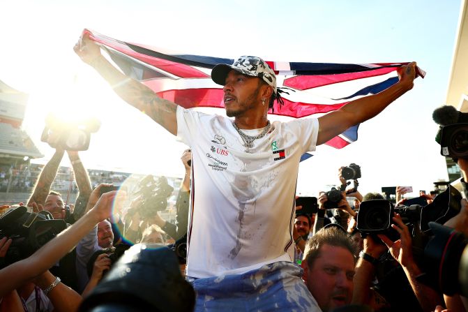 Great Britain's Lewis Hamilton celebrates at the F1 Grand Prix of USA after <a href="index.php?page=&url=https%3A%2F%2Fedition.cnn.com%2F2019%2F11%2F03%2Fmotorsport%2Fus-grand-prix-lewis-hamilton-wins-f1-title-spt-intl%2Findex.html%3Fno-st%3D1573457857" target="_blank">winning his sixth world title</a> on November 3 in Austin, Texas, making him the second most successful driver in Formula One history.