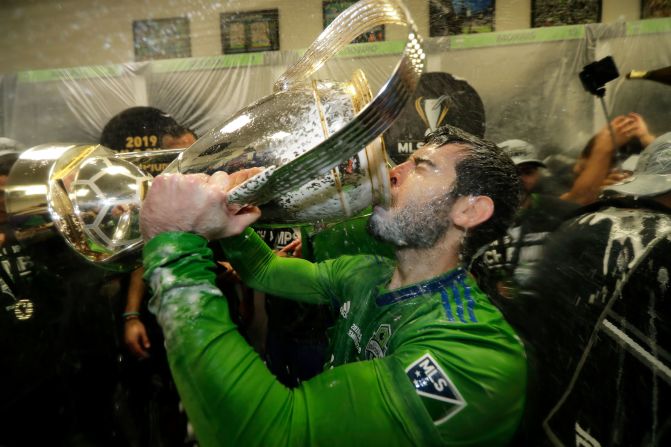Seattle Sounders' Victor Rodriguez celebrates a 3-1 win over Toronto FC in the MLS Cup championship on November 10 in Seattle.