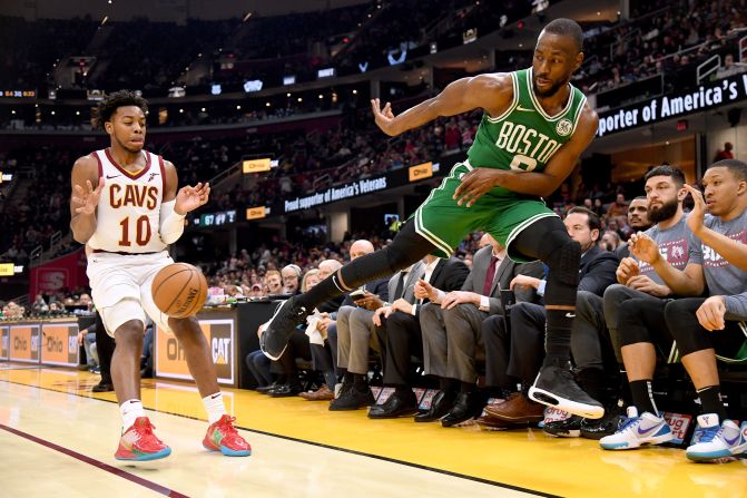 Kemba Walker #8 of the Boston Celtics makes a leaping throw at Darius Garland #10 of the Cleveland Cavaliers during the second half of a game at Rocket Mortgage FieldHouse on November 5, 2019 in Cleveland, Ohio. The Celtics defeated the Cavaliers 119-113.
