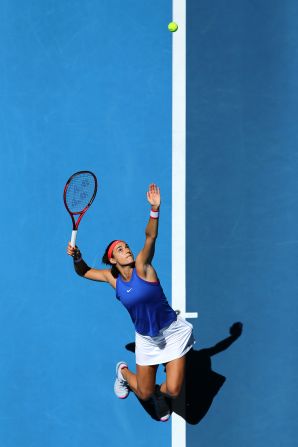 Caroline Garcia of France serves to Ash Barty of Australia in the 2019 Fed Cup Final tie between Australia and France on November 09 in Perth, Australia.