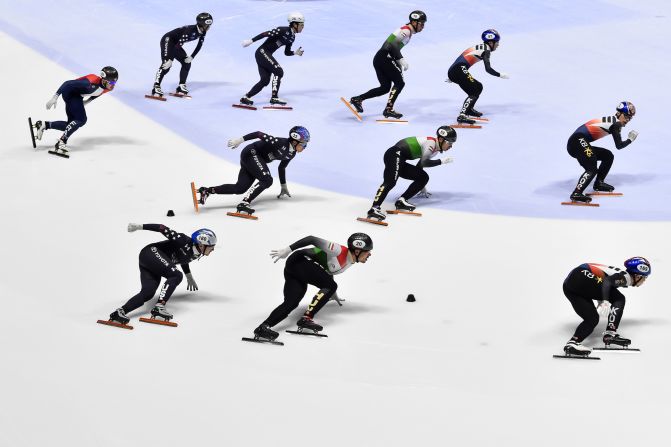 Skaters from Hungary, Republic of Korea, United States of America and France compete in the men's 5000m relay semifinal during the ISU World Cup Short Track on November 9 in Montreal, Canada.