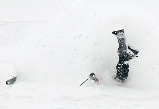 An extreme skier wrecks during the preliminary round of the Mountain Sports International Freeskiing World Championship in Girdwood, Alaska, on November 6.
