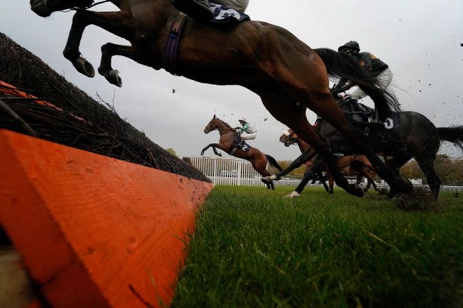 Runners clear a fence during The 'Mick Finn' A Lifetime In Racing Chase at Chepstow Racecourse on November 6 in Chepstow, Wales.