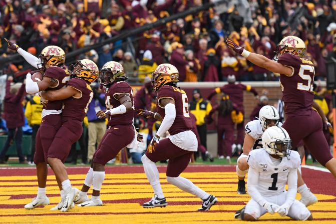 Defensive back Jordan Howden #23 of the Minnesota Golden Gophers celebrates after making an interception on a pass intended for wide receiver KJ Hamler #1 of the Penn State Nittany Lions in the end zone during the fourth quarter on November 9 in Minneapolis, Minnesota.
