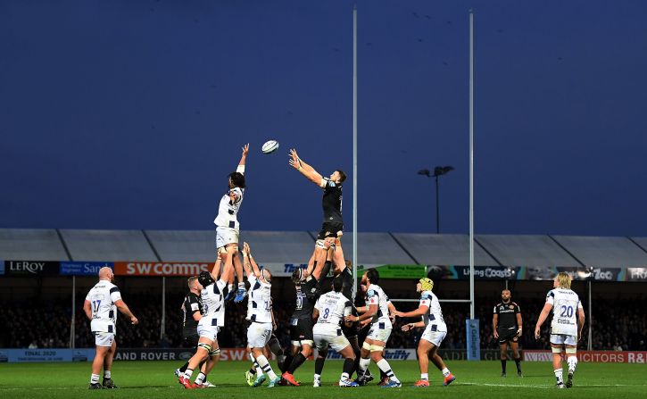 Jonny Hill of Exeter Chiefs wins the ball in the lineout during the Gallagher Premiership Rugby match between Exeter Chiefs and Bristol Bears on November 10 in Exeter, England.