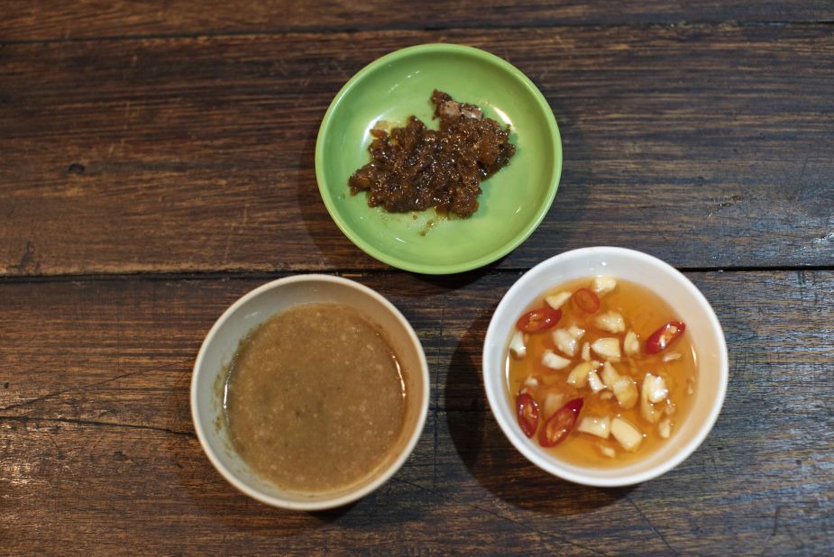 <strong>Dipping sauces: </strong>Fish sauce with chilies and garlic, shrimp paste and a soy-based sauce are presented with the meal. 