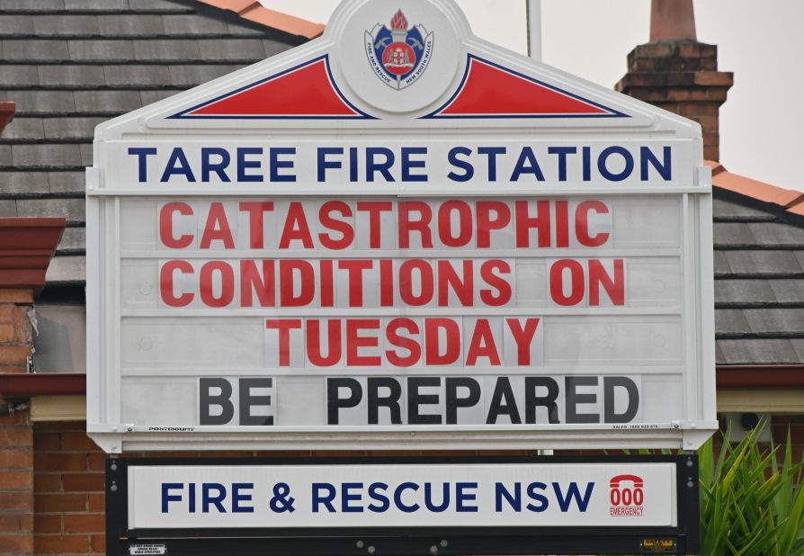 A sign on a Taree fire station warns of "catastrophic" fire conditions.