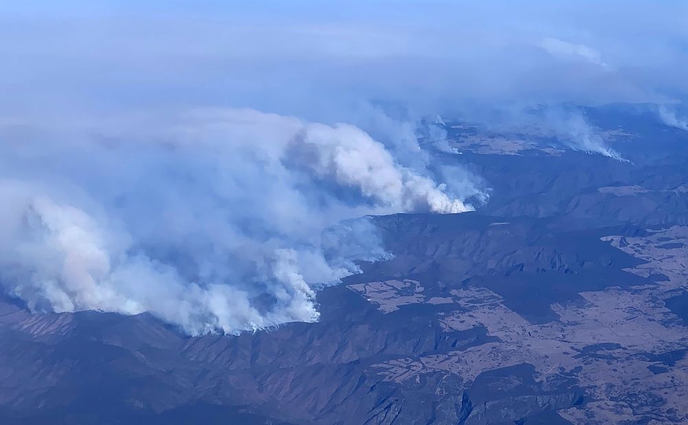 This aerial photo, taken on November 9, shows bushfires in the northeastern part New South Wales.