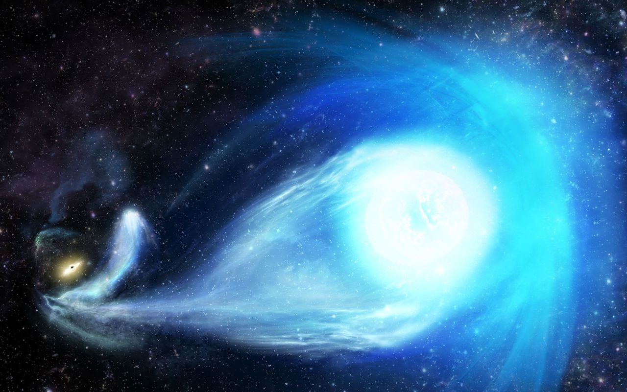 An artist's impression of the Milky Way's big black hole flinging a star from the galaxy's center.