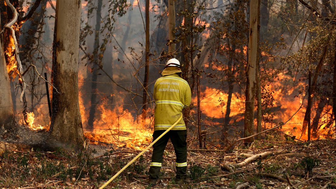 A National Parks and Wildlife crew member fights flames in New South Wales on Tuesday.