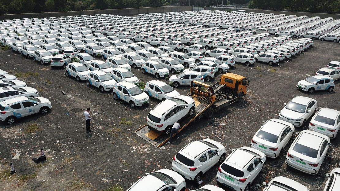 Electric cars parked in Hangzhou, China. 