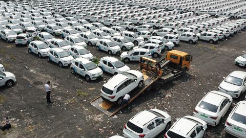 Electric cars parked in Hangzhou, China. 