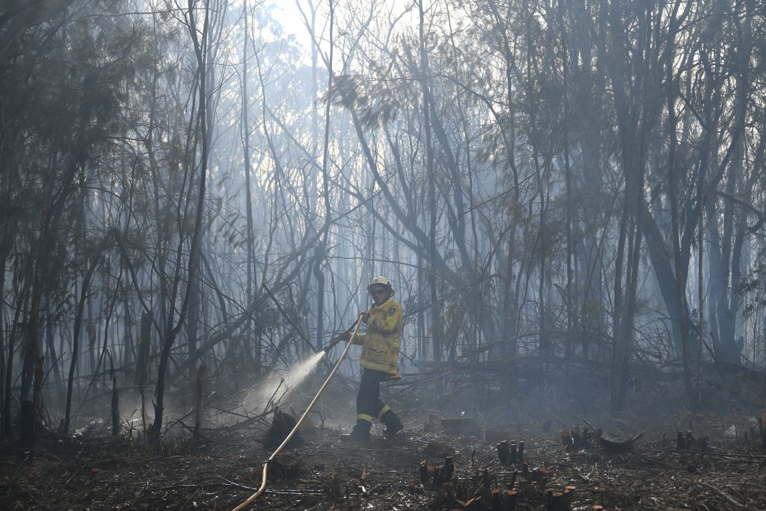 A firefighter doses a bushfire in the residential area of Sydney on Tuesday.