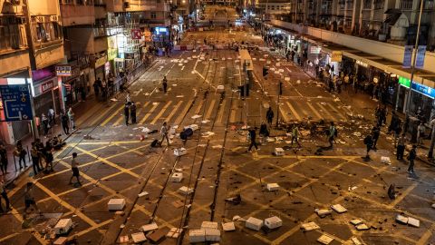 Foam board boxes are seen on a street during a demonstration on November 11, 2019 in Hong Kong, China. 