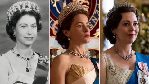Queen Elizabeth II being played by Claire Foy (center) and Olivia Colman (right).