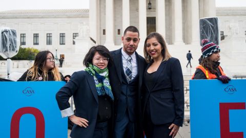 DACA recipients Carolina Fung Feng, Martin Batalla Vidal and Eliana Fernández pose for a photo before entering the U.S. Supreme Court on Tuesday, November 12, 2019.