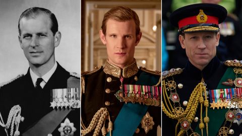 Prince Philip, who has been played by Matt Smith (center) and now Tobias Menzies (right).