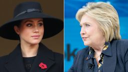 LEFT: LONDON, ENGLAND - NOVEMBER 10: Meghan, Duchess of Sussex attends the annual Remembrance Sunday memorial at The Cenotaph on November 10, 2019 in London, England.  (Photo by Chris Jackson/Getty Images)

RIGHT: NEW YORK, NEW YORK - NOVEMBER 06: Hillary Rodham Clinton, Former First Lady, U.S. Senator, U.S. Secretary of State speaks onstage at 2019 New York Times Dealbook on November 06, 2019 in New York City. (Photo by Mike Cohen/Getty Images for The New York Times)