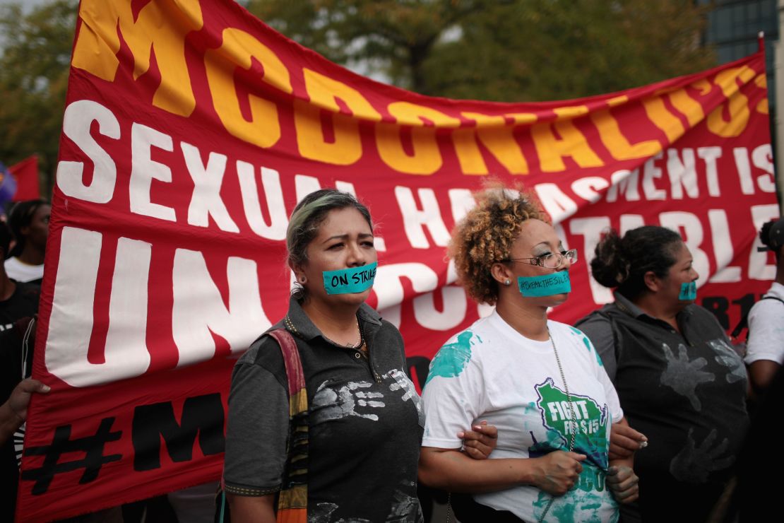 McDonald's workersnmarch toward the company's headquarters to protest sexual harassment at the fast food chain's restaurants on September 18, 2018 in Chicago, Illinois.