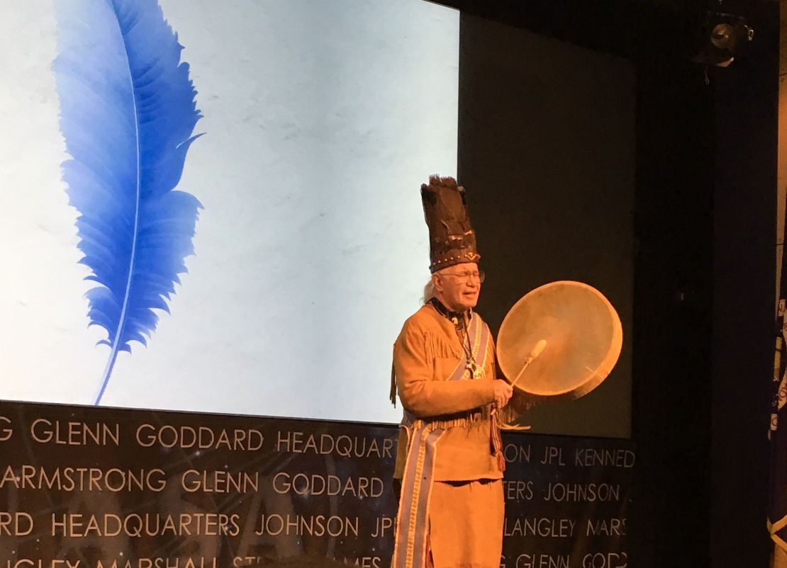 Rev. Nick Miles, of the Pamunkey Tribe, opens the 2014 MU69/Arrokoth naming ceremony at NASA headquarters with a traditional Algonquian song.