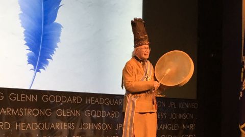 Rev. Nick Miles, of the Pamunkey Tribe, opens the 2014 MU69/Arrokoth naming ceremony at NASA headquarters with a traditional Algonquian song.