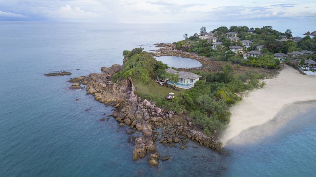 An aerial view of Fahn Noi Island, a spacious two-bedroom villa divided from the rest of Cape Fahn. 