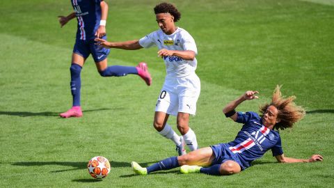 PSG's Xavi Simons (right) in action during the Under-19 match between Paris Saint Germain and Amiens on September 8, 2019 in Paris, France. 