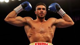 LEICESTER, ENGLAND - MARCH 23:  Tommy Fury of England celebrates his win against Callum Ide of England during the Light-Heavyweight contest fight at Morningside Arena on March 23, 2019 in Leicester, England. (Photo by Matthew Lewis/Getty Images)