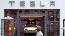 A Tesla Model 3 stands in the showroom at Kudamm in Berlin.