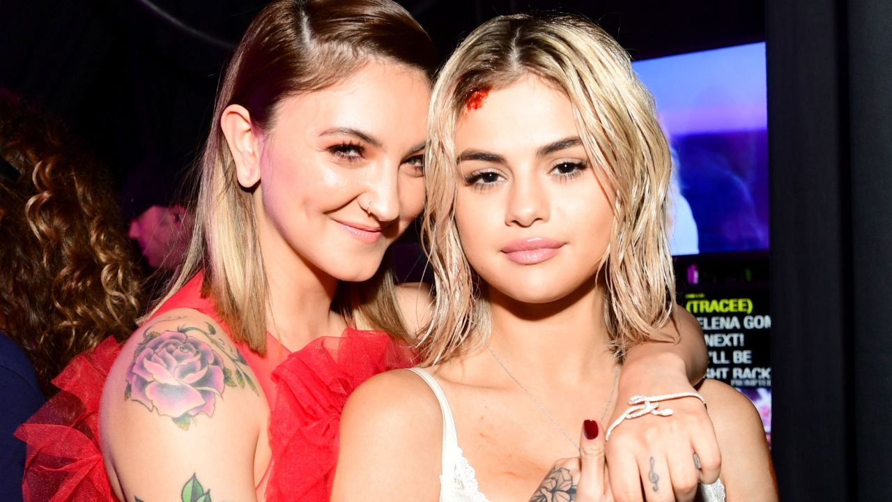 Julia Michaels, left, and Selena Gomez pose backstage during the 2017 American Music Awards in Los Angeles.  