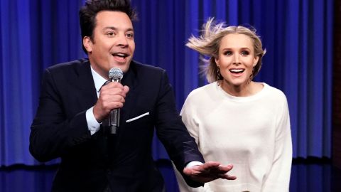 Jimmy Fallon, left, and Kristen Bell belted out a series of Disney classics on "The Tonight Show."