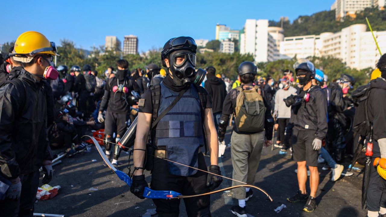 A protester armed with a bow is seen at the Chinese University of Hong Kong campus in Sha Tin on November 13, 2019.