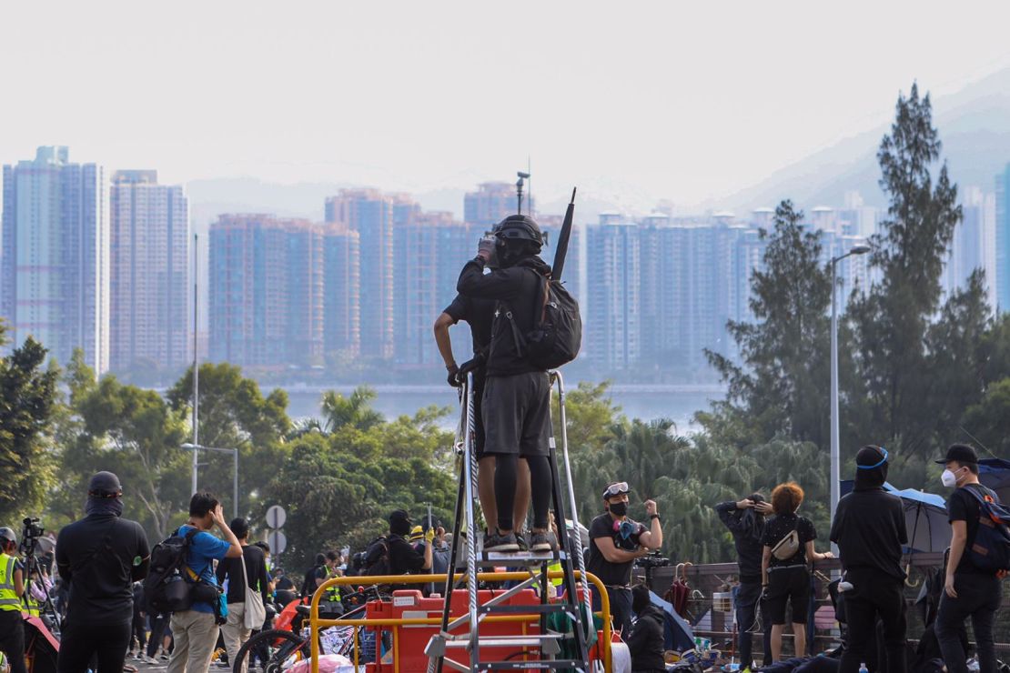 Protesters gather at the Chinese University of Hong Kong campus in Sha Tin on Wednesday morning.
