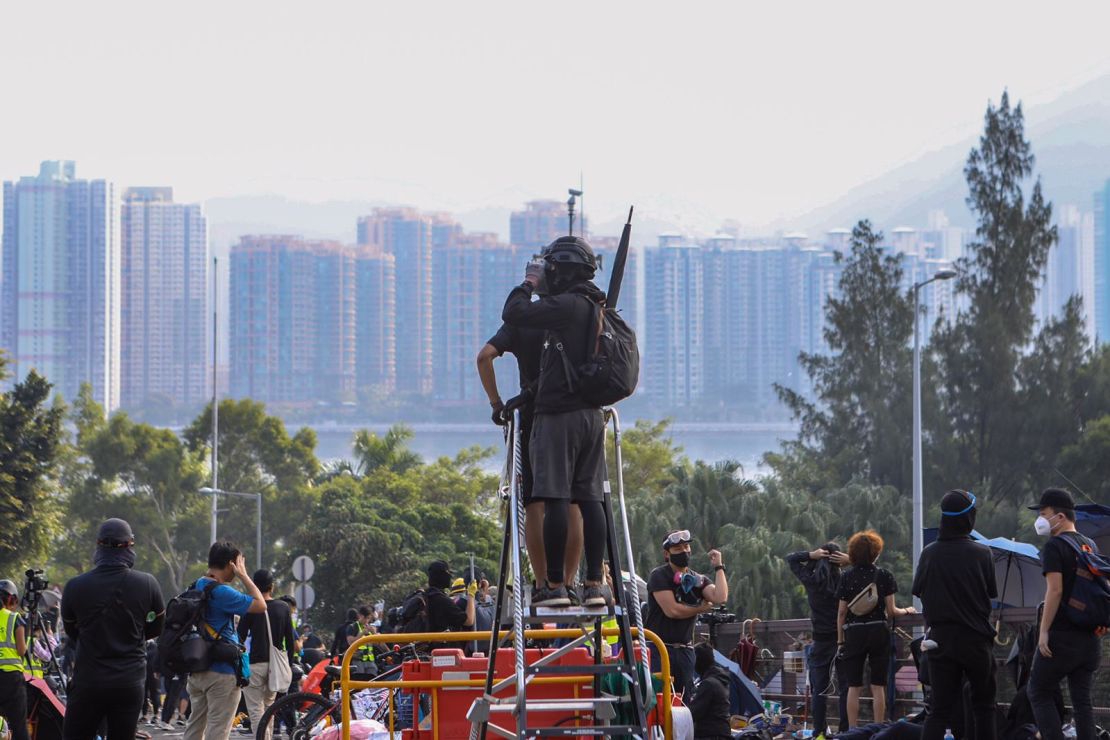 Protesters gather at the Chinese University of Hong Kong campus in Sha Tin on Wednesday morning. 