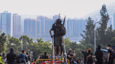 Protesters gather at the Chinese University of Hong Kong campus in Sha Tin on Wednesday morning. 