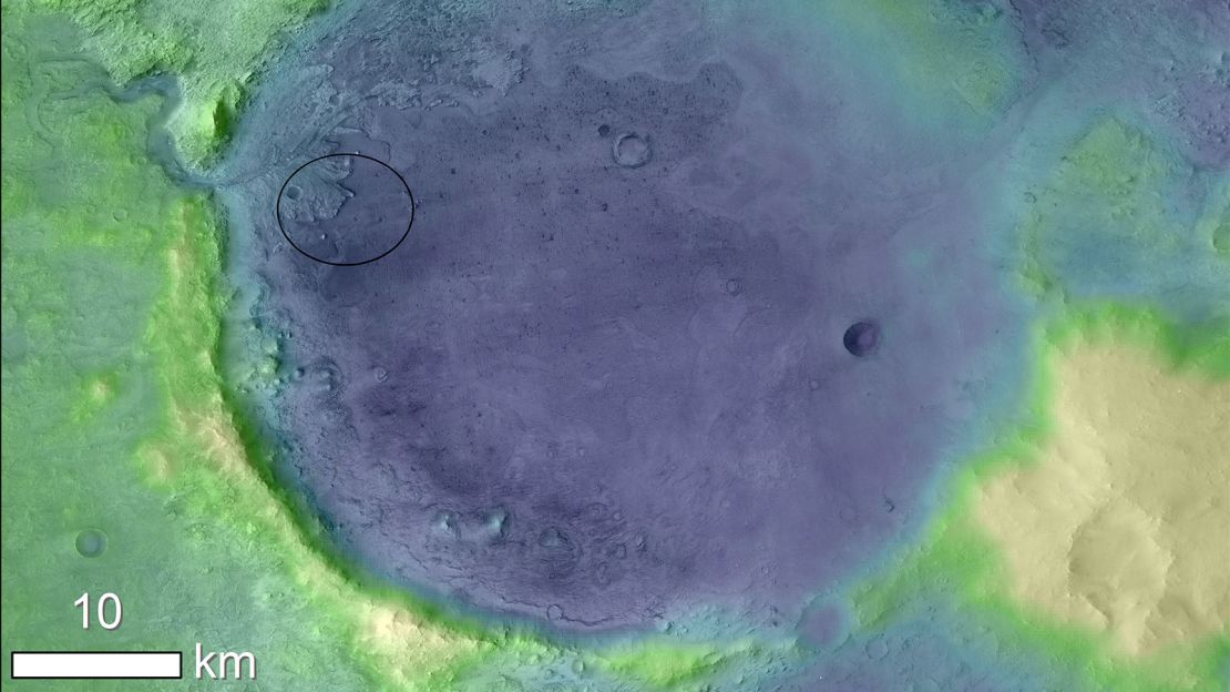 The 2020 rover will land within the oval in Jezero Crater.