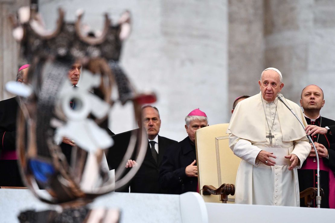 Pope Francis prepares to address worshipers during his weekly audience on November 13, 2019.