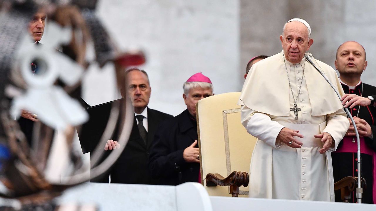 Pope Francis prepares to address worshipers during his weekly audience on November 13, 2019.