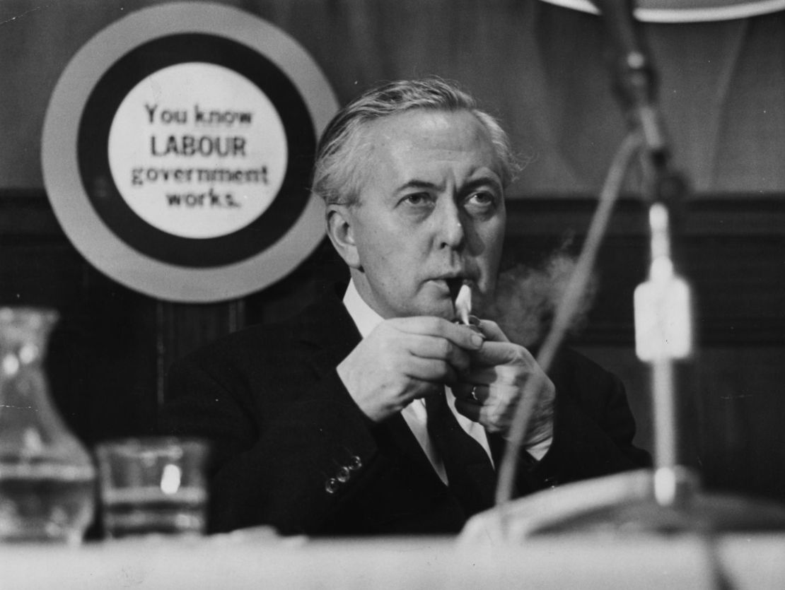 Harold Wilson lighting his pipe at the Labour Party Conference in 1966.