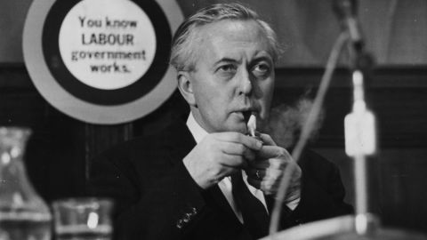 Harold Wilson lighting his pipe at the Labour Party Conference in 1966.