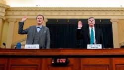 WASHINGTON, DC - NOVEMBER 13: (L-R) Deputy Assistant Secretary for European and Eurasian Affairs George P. Kent and top U.S. diplomat in Ukraine William B. Taylor Jr. are sworn-in prior to testifying before the House Intelligence Committee in the Longworth House Office Building on Capitol Hill November 13, 2019 in Washington, DC. In the first public impeachment hearings in more than two decades, House Democrats are trying to build a case that President Donald Trump committed extortion, bribery or coercion by trying to enlist Ukraine to investigate his political rival in exchange for military aide and a White House meeting that Ukraine President Volodymyr Zelensky sought with Trump. (Photo by Joshua Roberts - Pool/Getty Images)