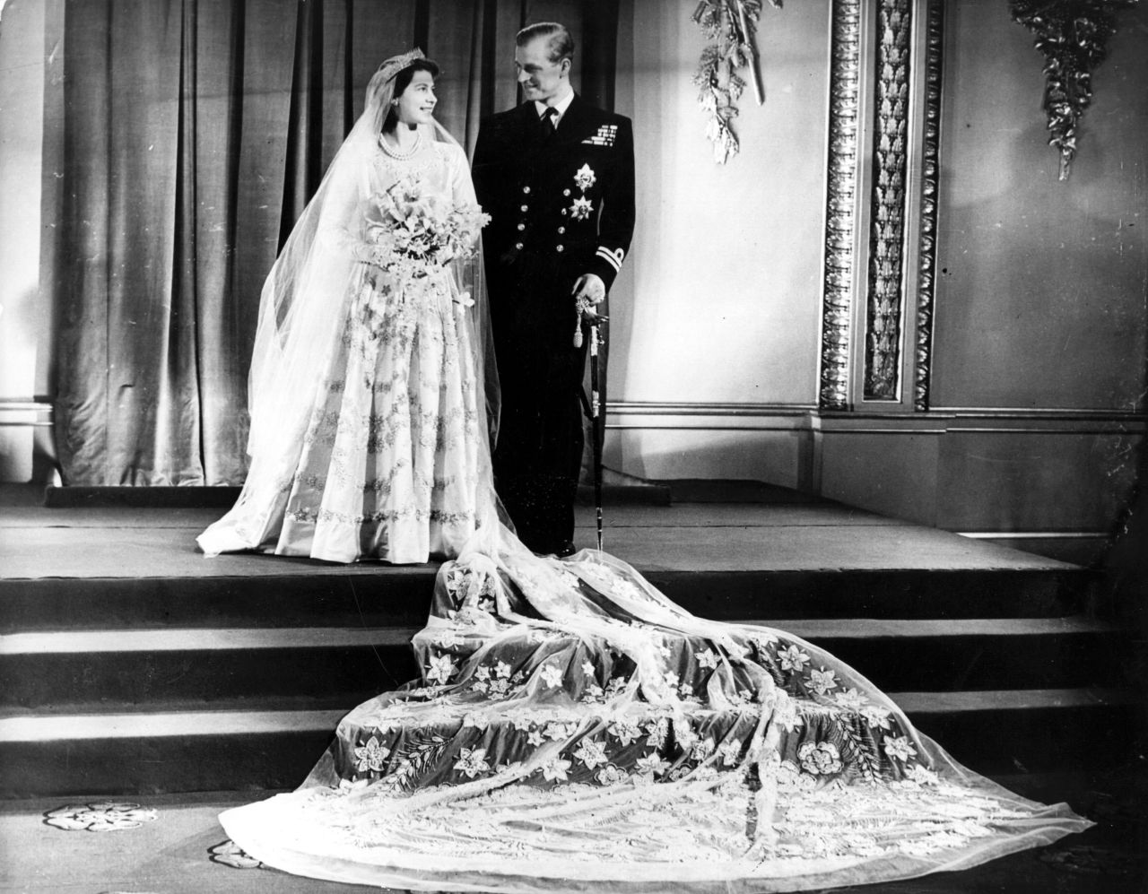 Princess Elizabeth and Prince Philip, Duke of Edinburgh at Buckingham Palace after their wedding in November 1947.