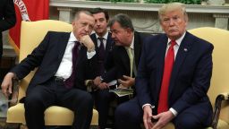 WASHINGTON, DC - NOVEMBER 13:  Turkish President Recep Tayyip Erdogan listens to translation as he meets with U.S. President Donald Trump and five Republican U.S. senators in the Oval Office of the White House on November 13, 2019 in Washington, DC. During their meeting, Trump and Erdogan were scheduled to discuss Turkey's purchase of a Russian air defense system as well as the Turkish offensive against the Kurds in Syria. Also in DC today, the first public impeachment hearings took place in the House Intelligence Committee, where Democrats are trying to build a case that President Trump committed extortion, bribery or coercion by trying to enlist Ukraine to investigate his political rival.  (Photo by Alex Wong/Getty Images)
