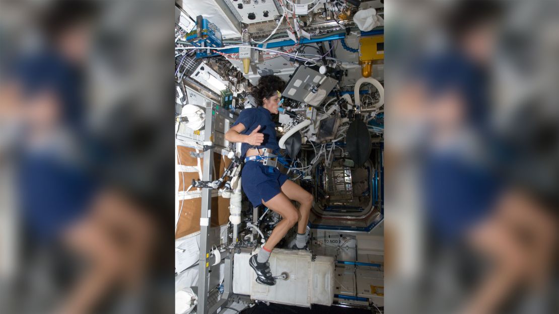 NASA astronaut Sunita Williams, seen here on the station in 2012, conducs an experiment to measure oxygen uptake and cardiac output.