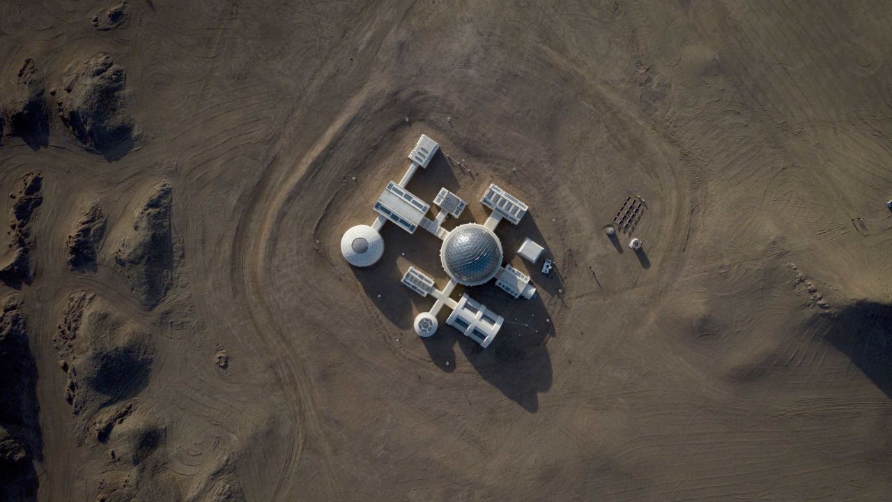This aerial photo taken on April 17, 2019 shows "Mars Base 1", a C-Space Project, in the Gobi desert, some 40 km from Jinchang in China's northwest Gansu province on April 17, 2019.