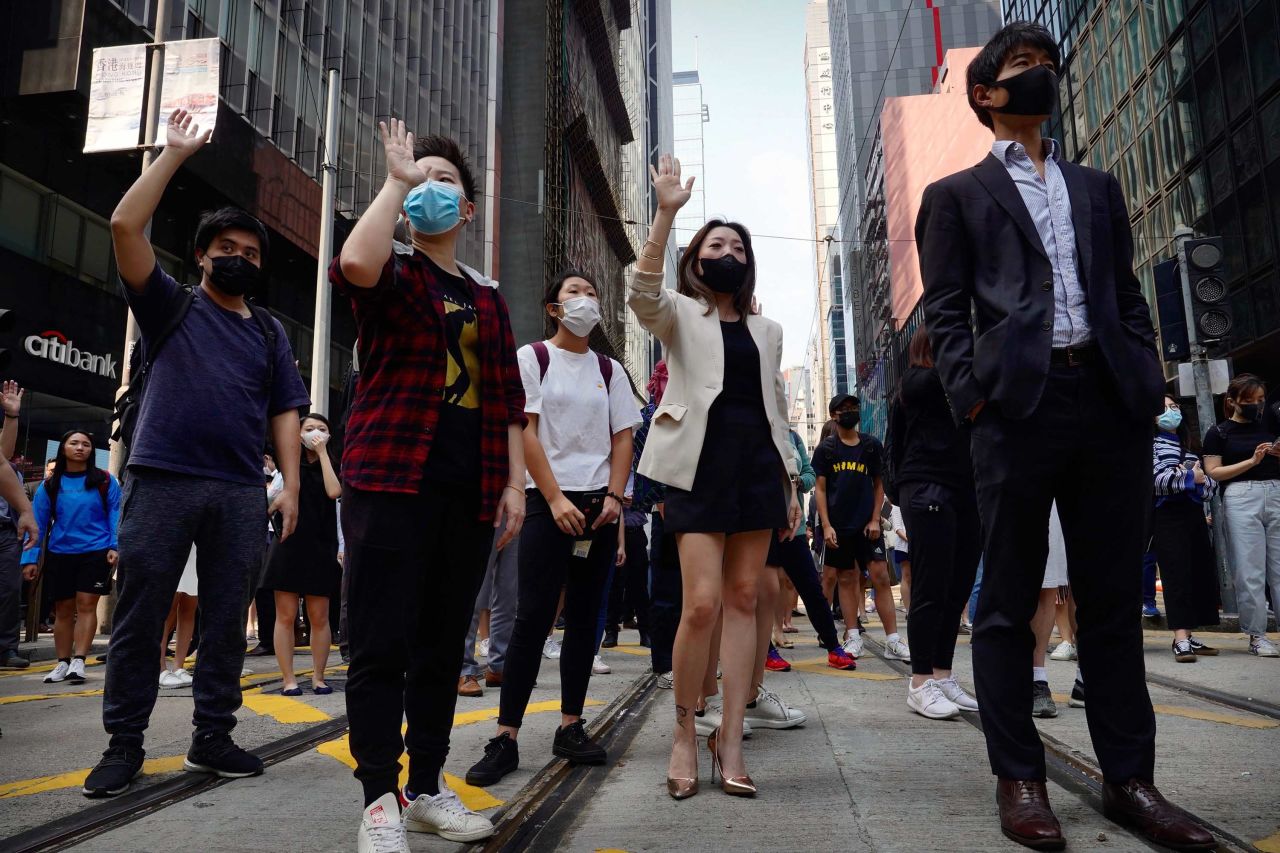 Demonstrators gather during a lunchtime protest in the financial district of Hong Kong on November 14.