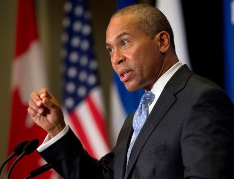 Deval Patrick gives a speech in October 2013 while serving as governor of Massachusetts. He served two terms from 2007-2015.