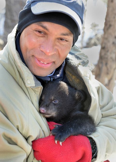 Patrick snuggles with a bear cub as he joined state environmental officials on a research expedition to gather data on Massachusetts' black bear population in March 2014.