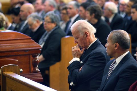 Patrick and Vice President Joe Biden attend a funeral Mass for former Boston Mayor Thomas Menino in November 2014. Menino was the longest-serving mayor in Boston history.
