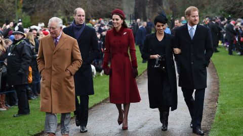 Prince Charles, William, Kate, Meghan and Harry arrive for the family's traditional Christmas Day service in Sandringham, Norfolk in 2018.